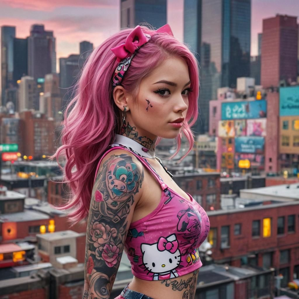 Hyperrealistic Cartoon Girl in Vibrant Cityscape