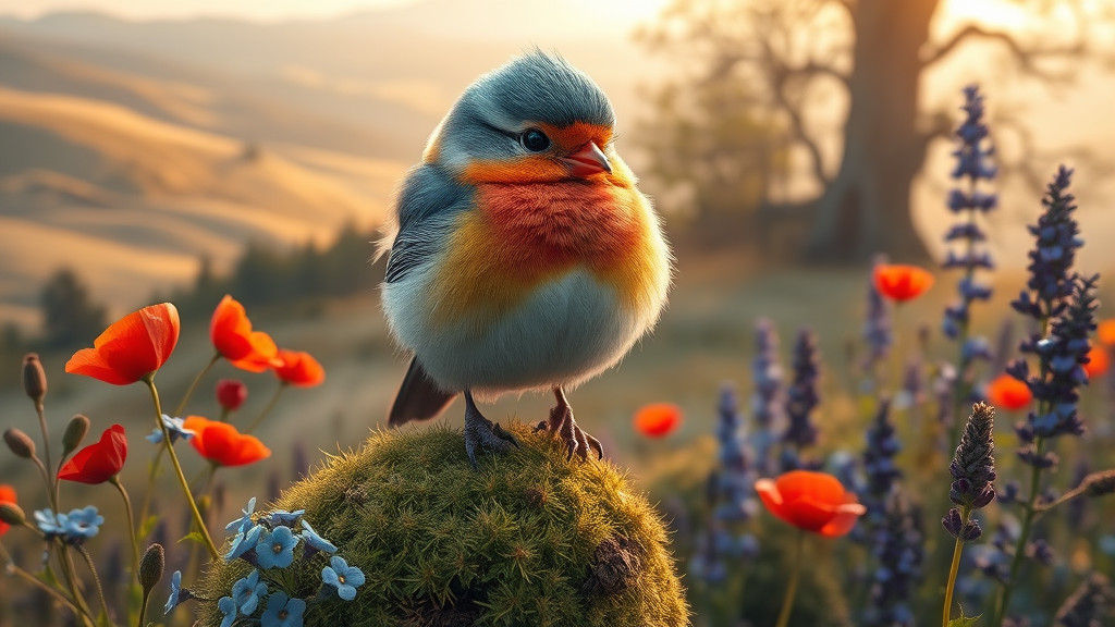 Colorful Bird on Mossy Branch in Hyper-Realistic Style
