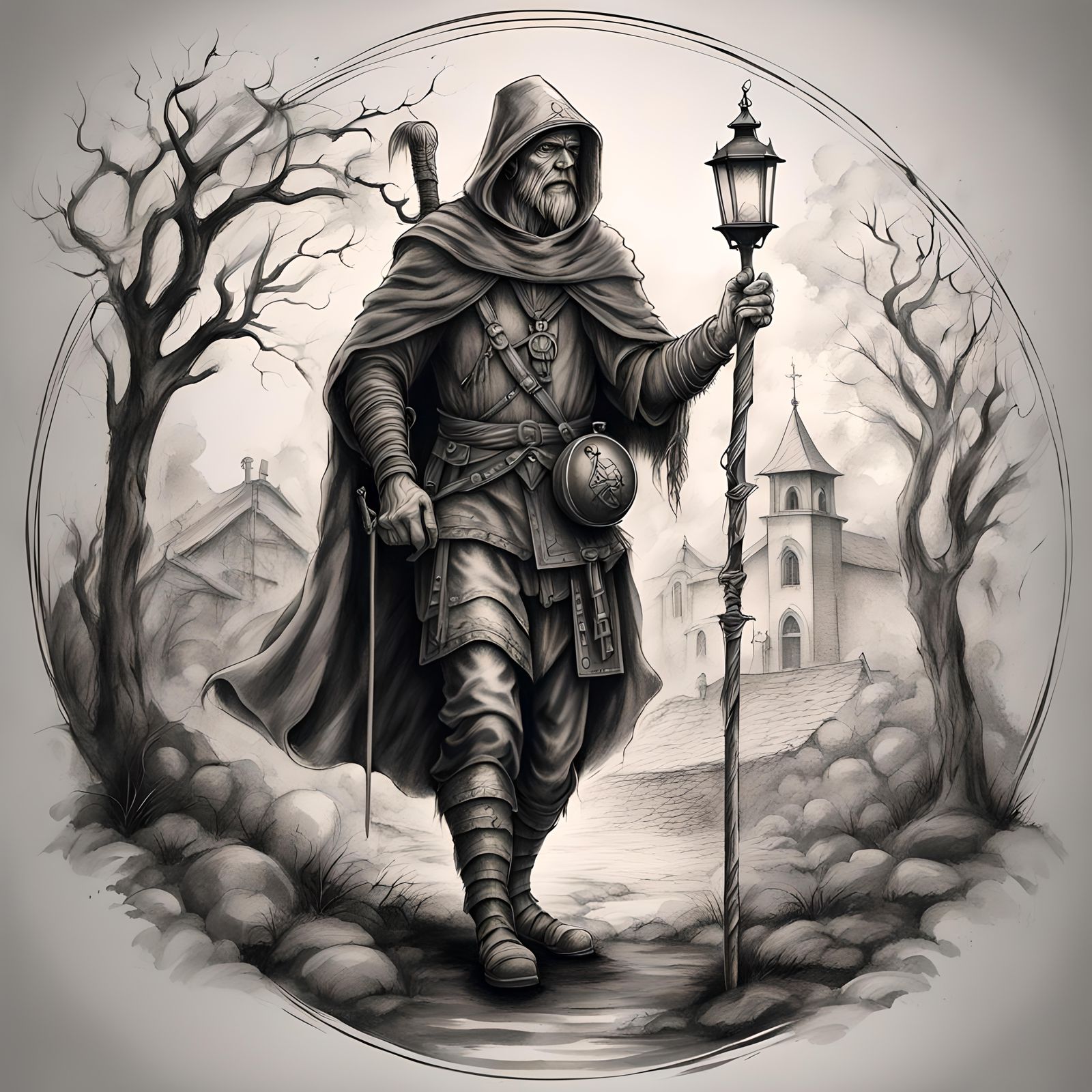 Noble Pilgrim Warrior: Detailed Charcoal Tattoo Design