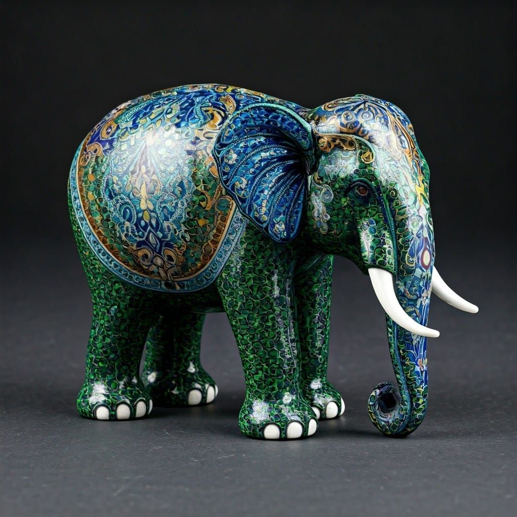 Majolica Enamel Glass Elephant Figurine in Art Nouveau Style
