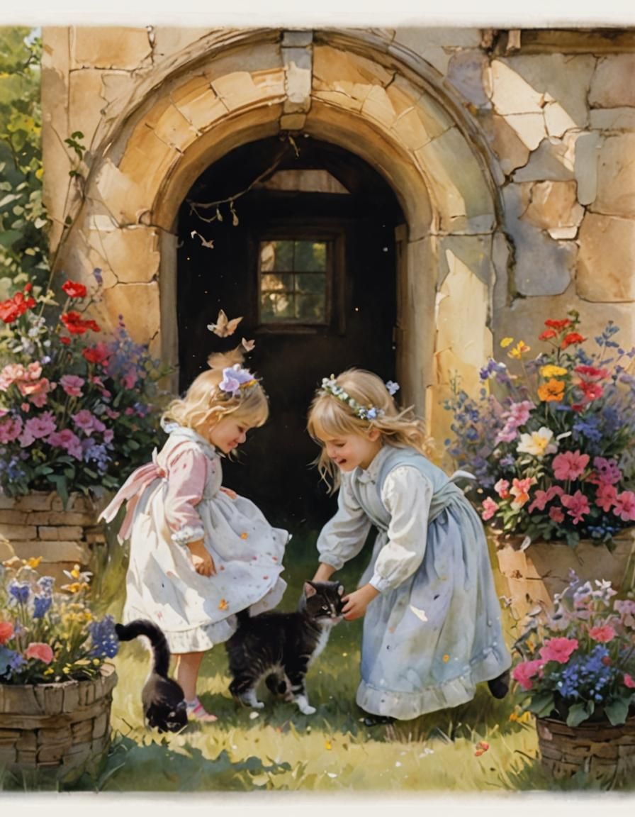 Girl with Kittens in Watercolor Meadow