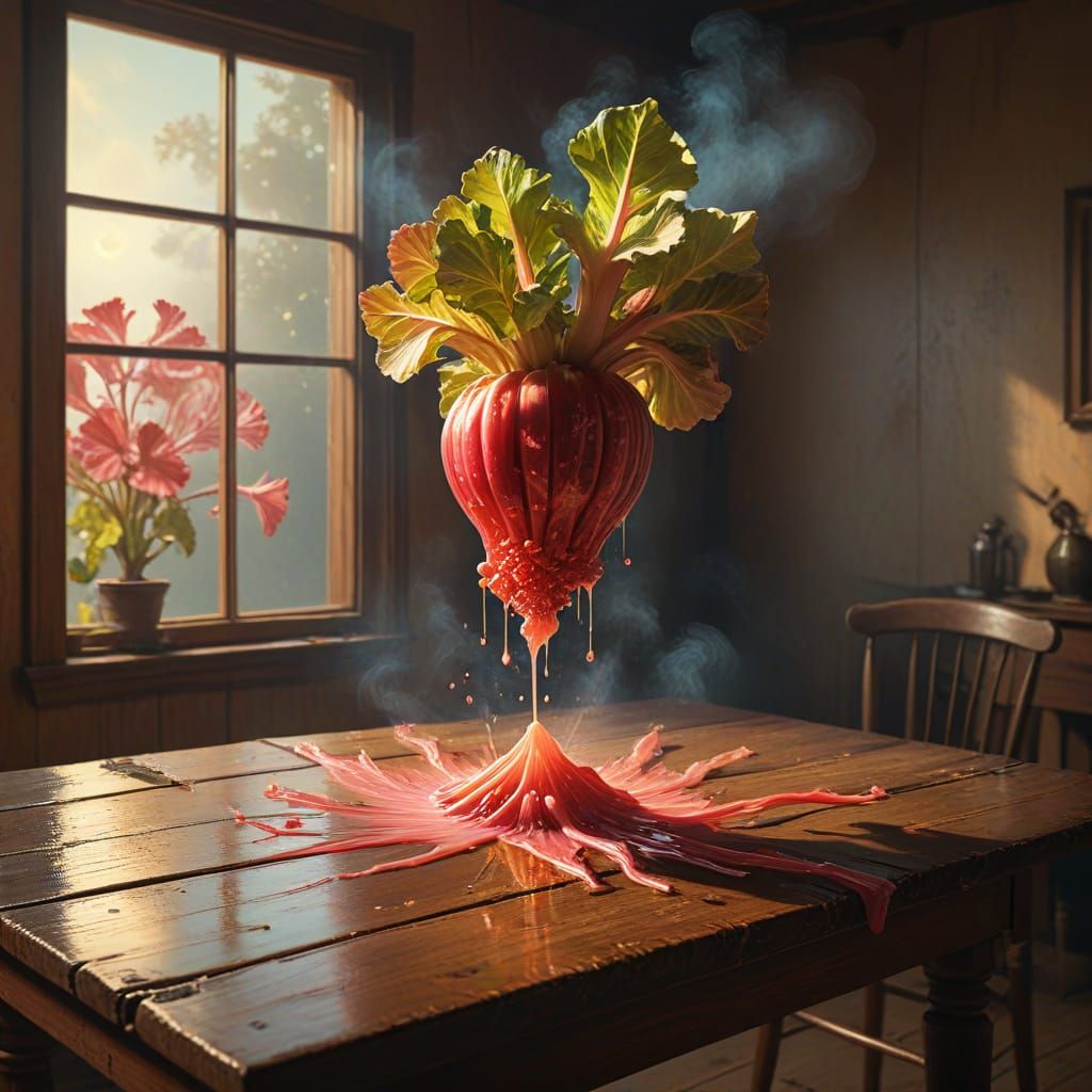 Levitating Rhubarb in Vibrant Oil Painting Style