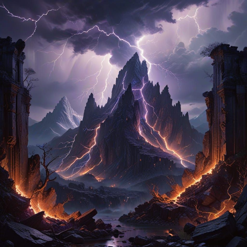 Epic Mountain Landscape with Dark Ruins and Lightning