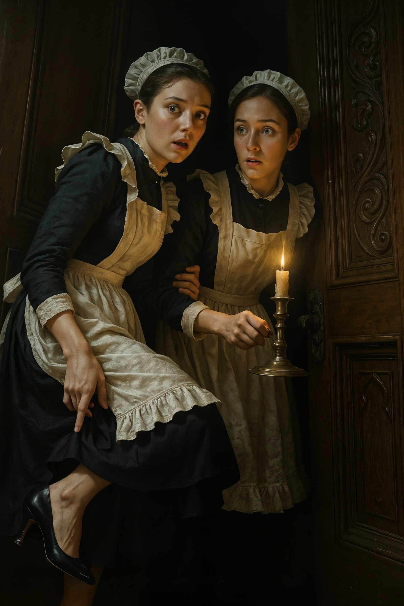 Startled Victorian Maids at Doorway with Candlestick