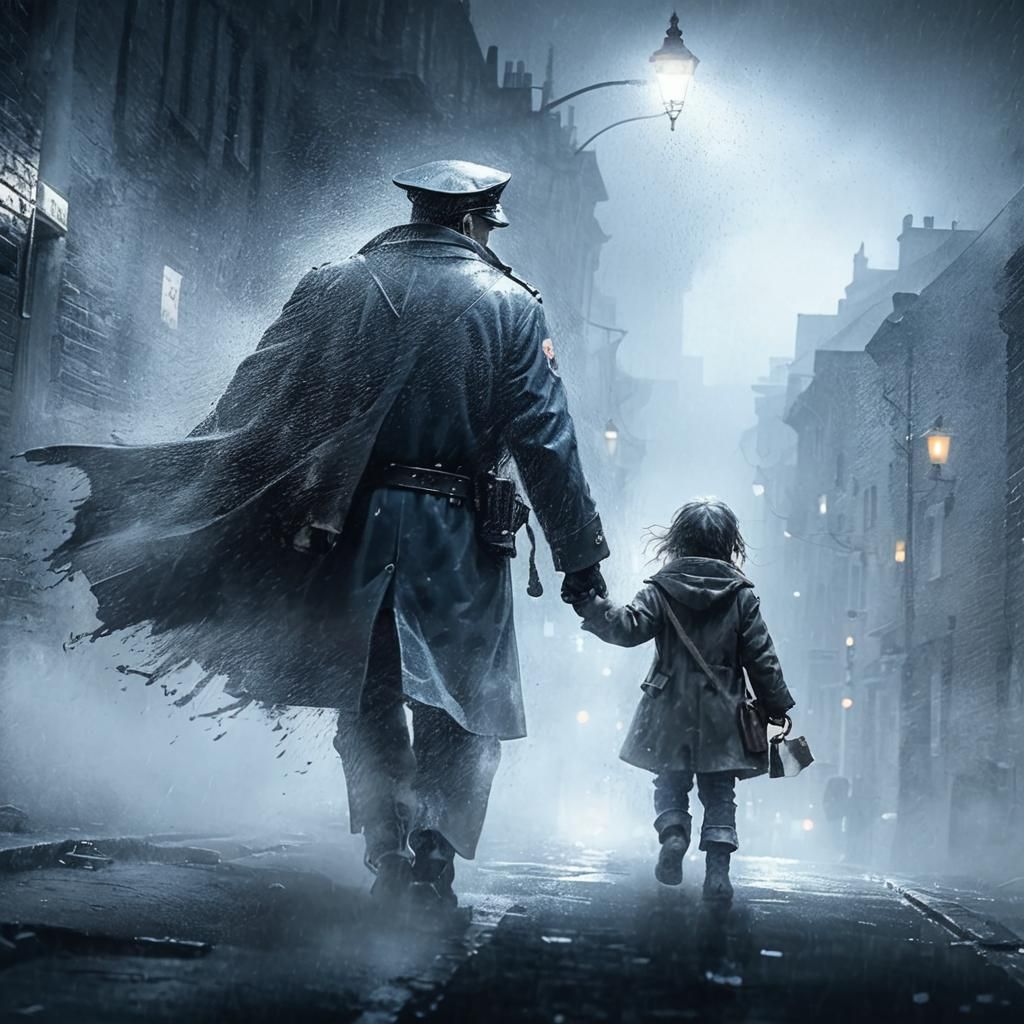 Rescued Girl in Dark Cityscape