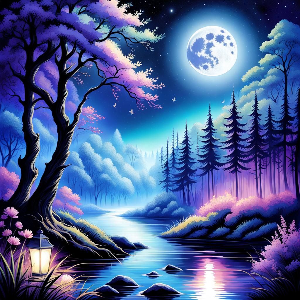 Moonlight night, serene beauty, prominent moon, gentle light, contrasting colors, mystique, wonder, dreamy, enchanting, ...