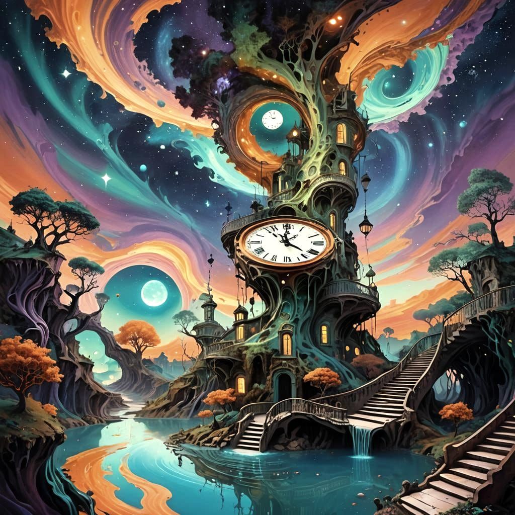 Surreal Multi-Faced Figure in Dreamscape Painting