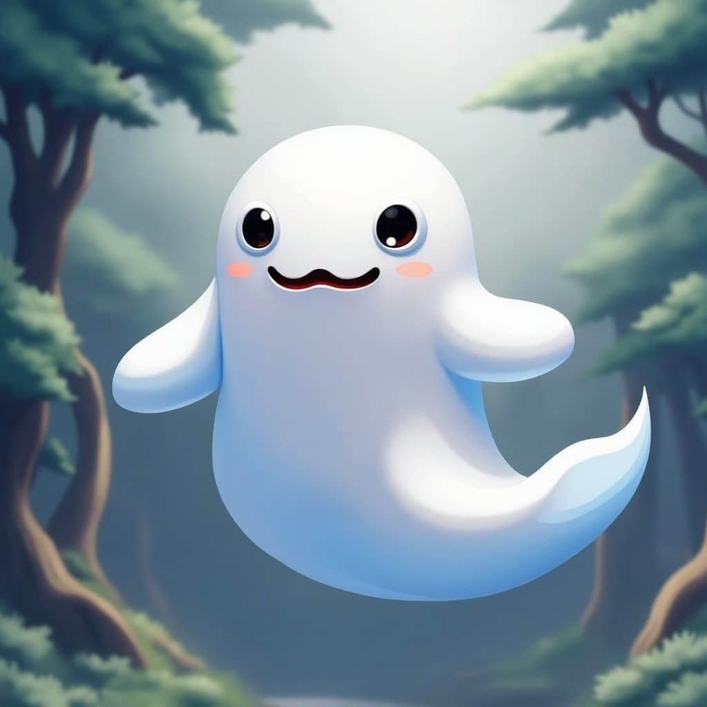 Dreamy White Ghost Floating, Cute Detailed Art