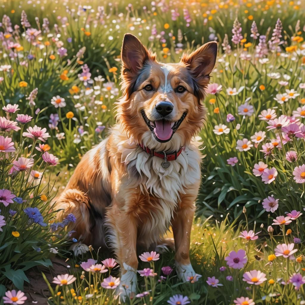 Happy Dog in Flower Field: Vibrant Digital Art
