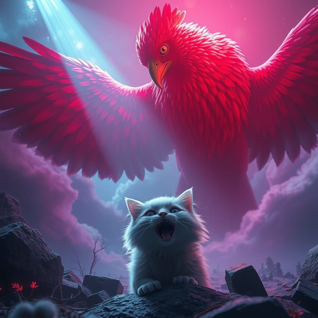 Giant Red Bird Over Cat in Neon Noir Dreamscape