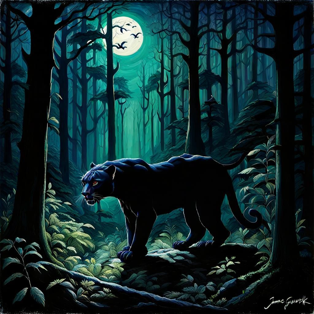 Panther Concealed in Shadows: Sinister Oil Painting