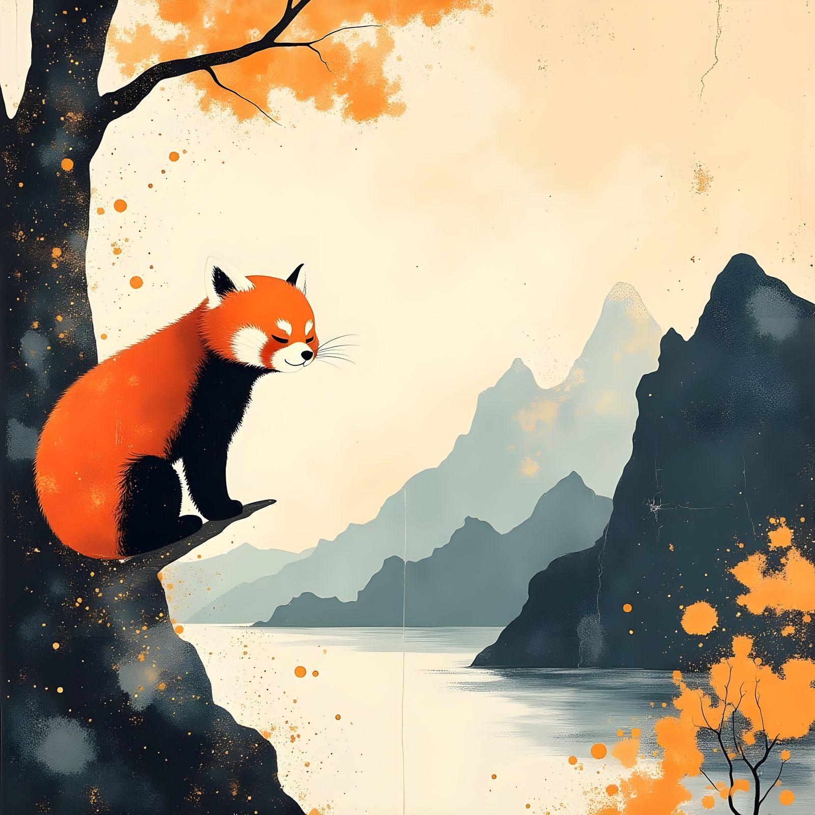 Whimsical Red Panda in Serene Asian Landscape, Traditional I...