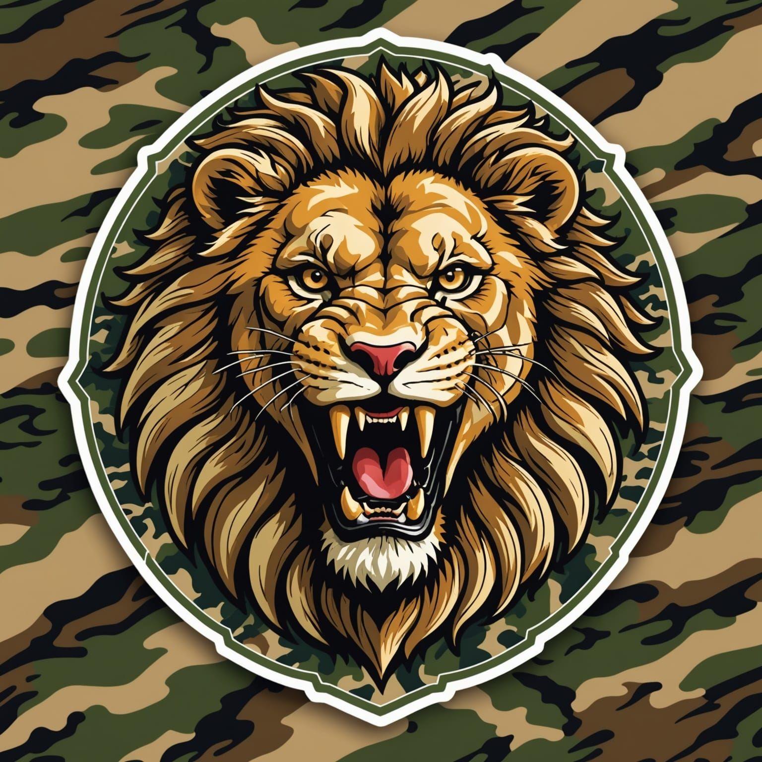 Angry Lion Head Logo with Camouflage Pattern and Intricate D...