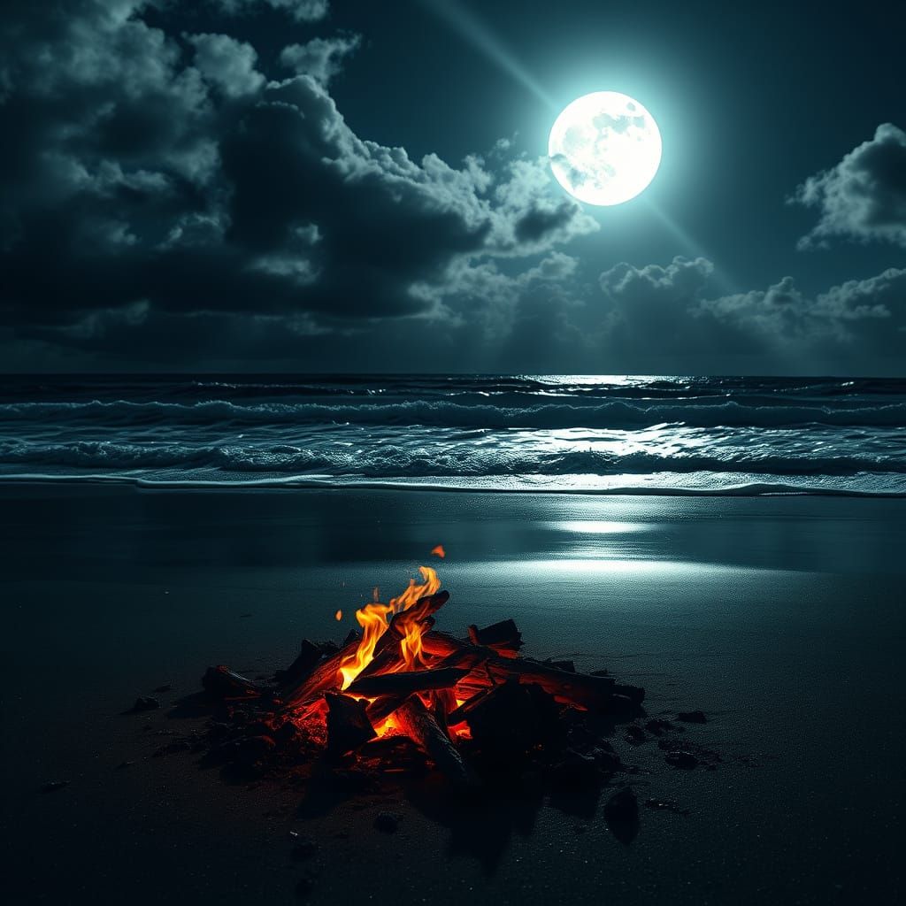 Moonlit Embers on a Night Beach
