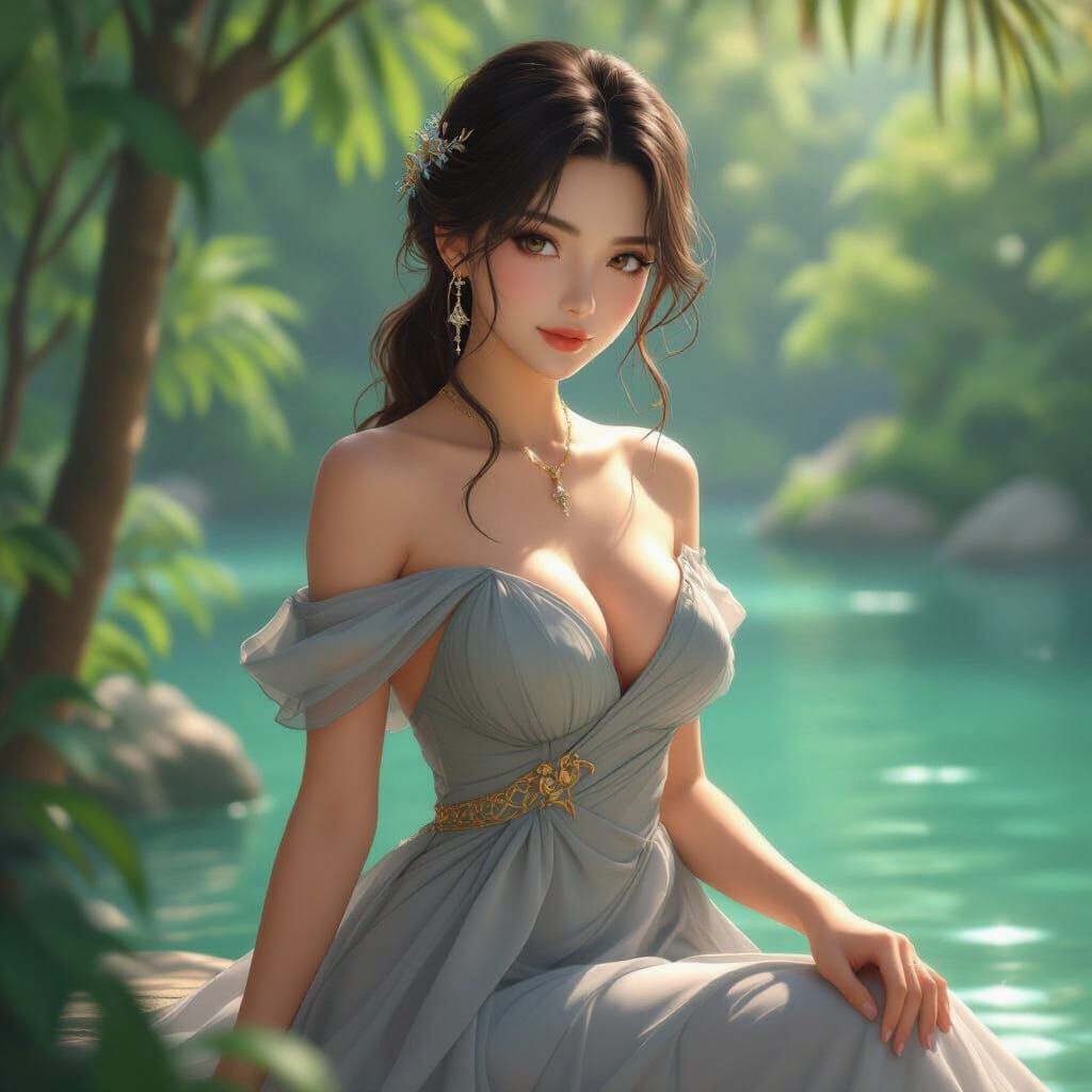 Elegant Woman in Serene Anime-Inspired 3D Art