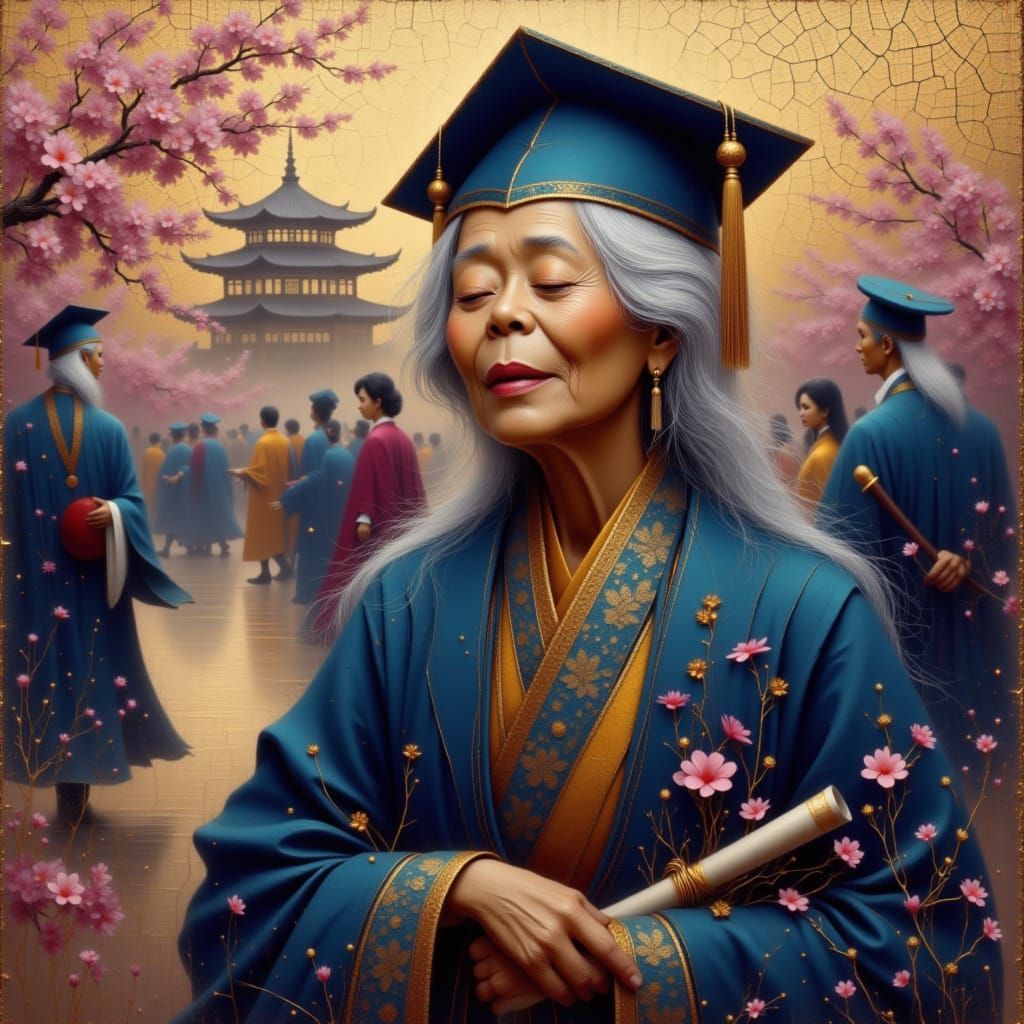 Heartwarming Graduation Embrace in Lacquered Whispers Style