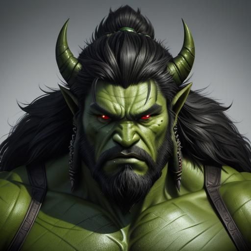 Half-Orc Portrait with Mechanical Hand in Anime Style