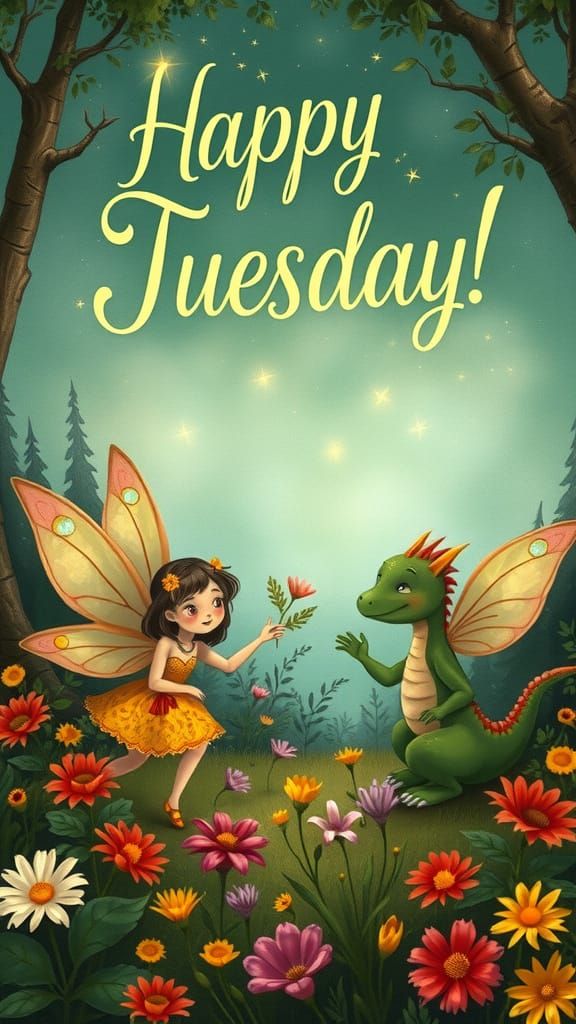 An enchanted forest scene with mystical creatures fairy and ...