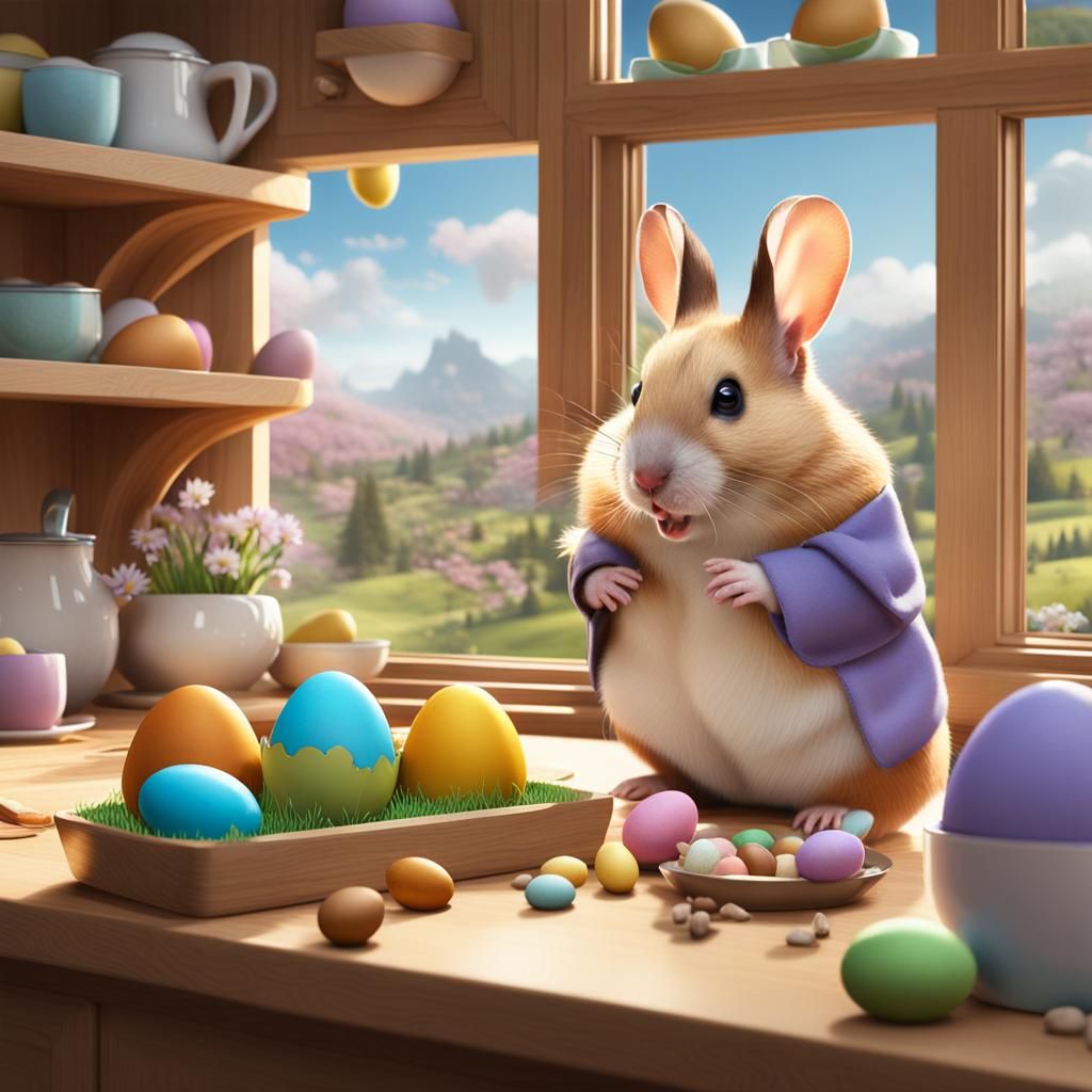 Easter Hamster Crafts Chocolate Eggs in Futuristic Kitchen