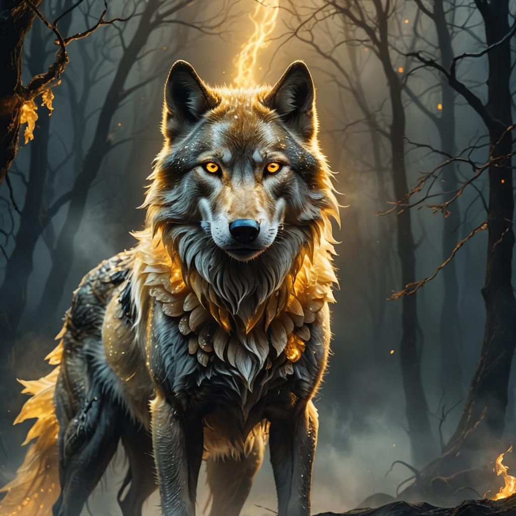 A translucent, gold-glowing fantasy wolf with an ethereal aura, set against a dark, ominous background that evokes a sen...