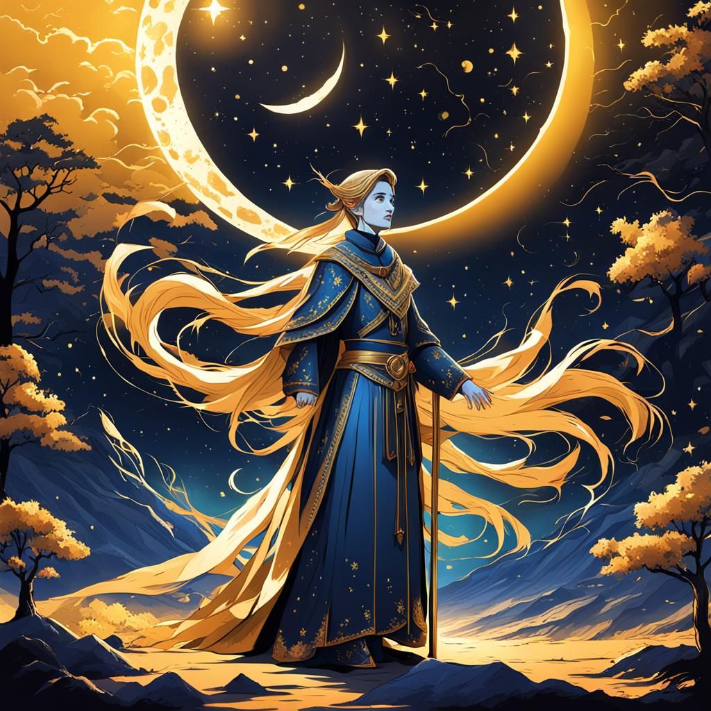 Golden Figures Before Lunar Eclipse: Digital Art