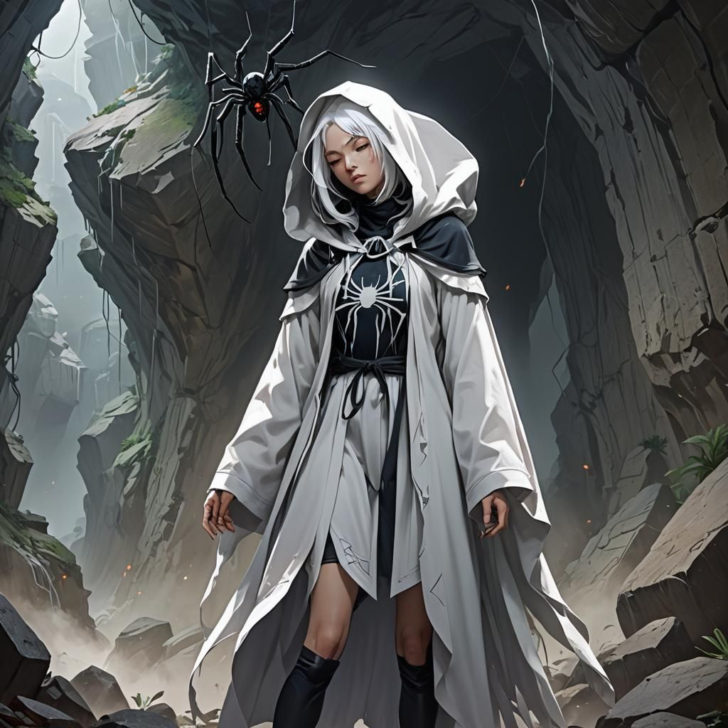 Spider Woman in Misty Cave: Cel-Shaded Anime Art