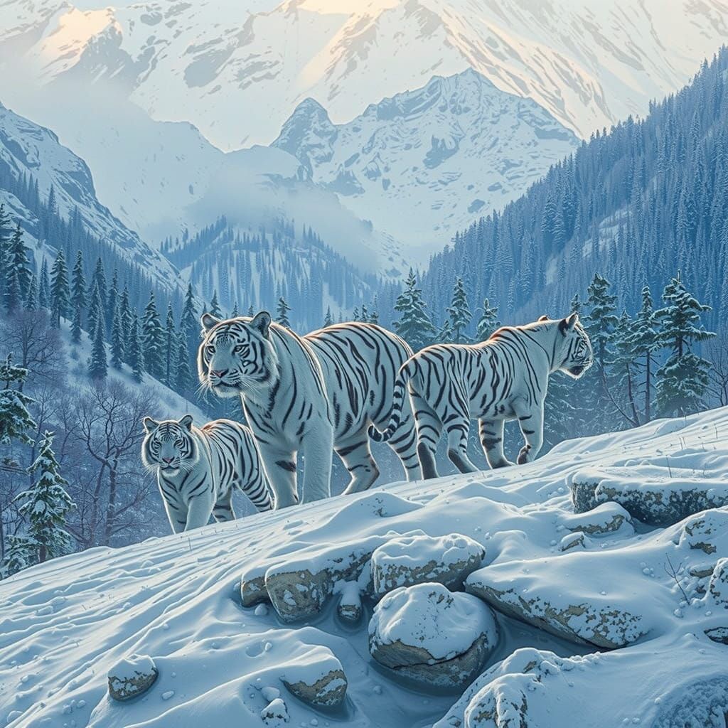 Majestic Snow Tigers in their Natural Habitat, Realistic 4K