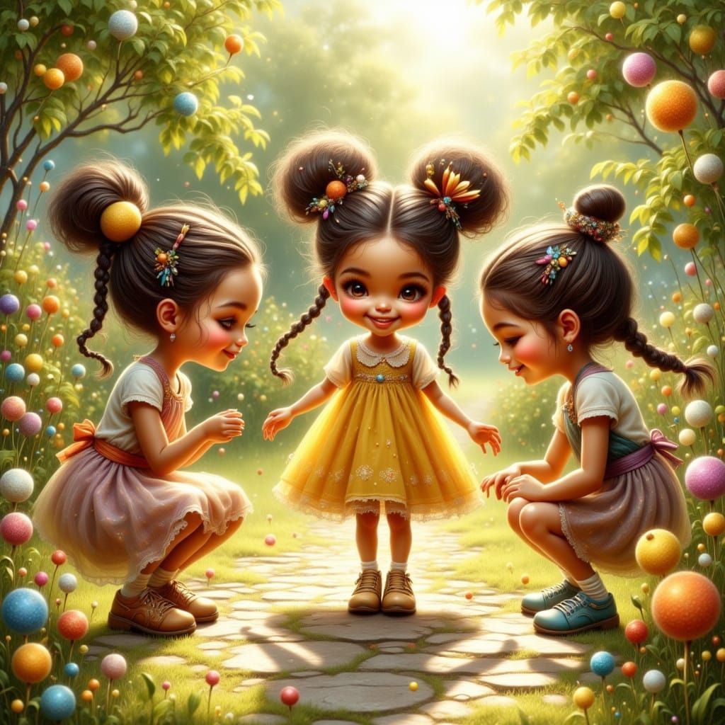 Whimsical Garden Scene with Children at Play in Soft Impress...