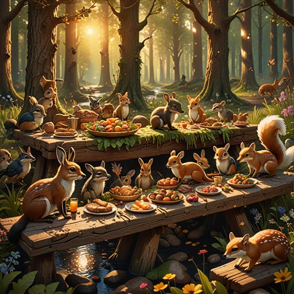 Forest Feast: Woodland Creatures Gather in Epic Sunset