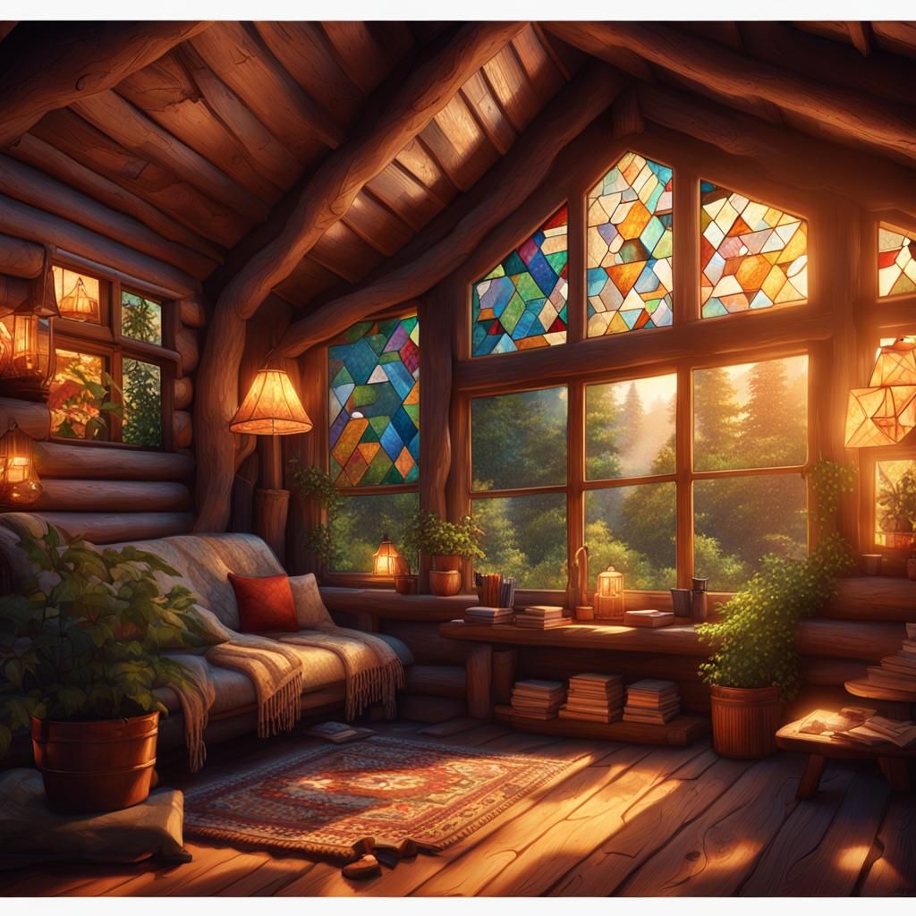 Octane hyper photo isometric cutaway of a cozy cabin interior