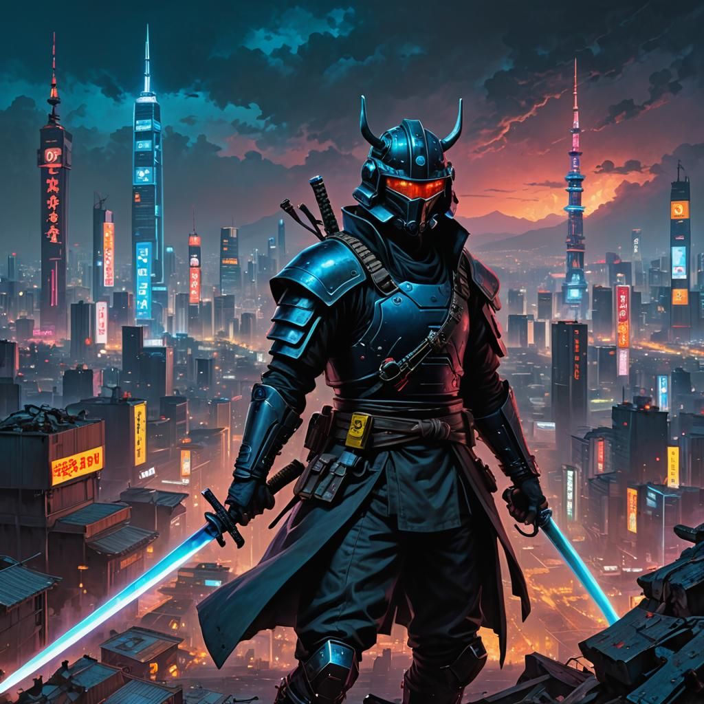 Cyberpunk Samurai with Electric Katana in Future Tokyo