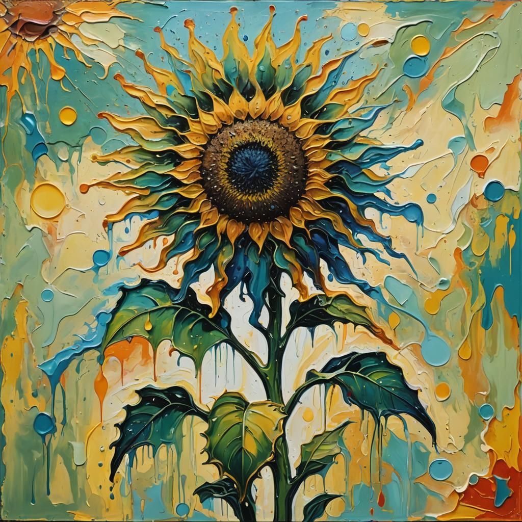 Psychedelic Surrealist Sunflower Painting in Expressionist S...