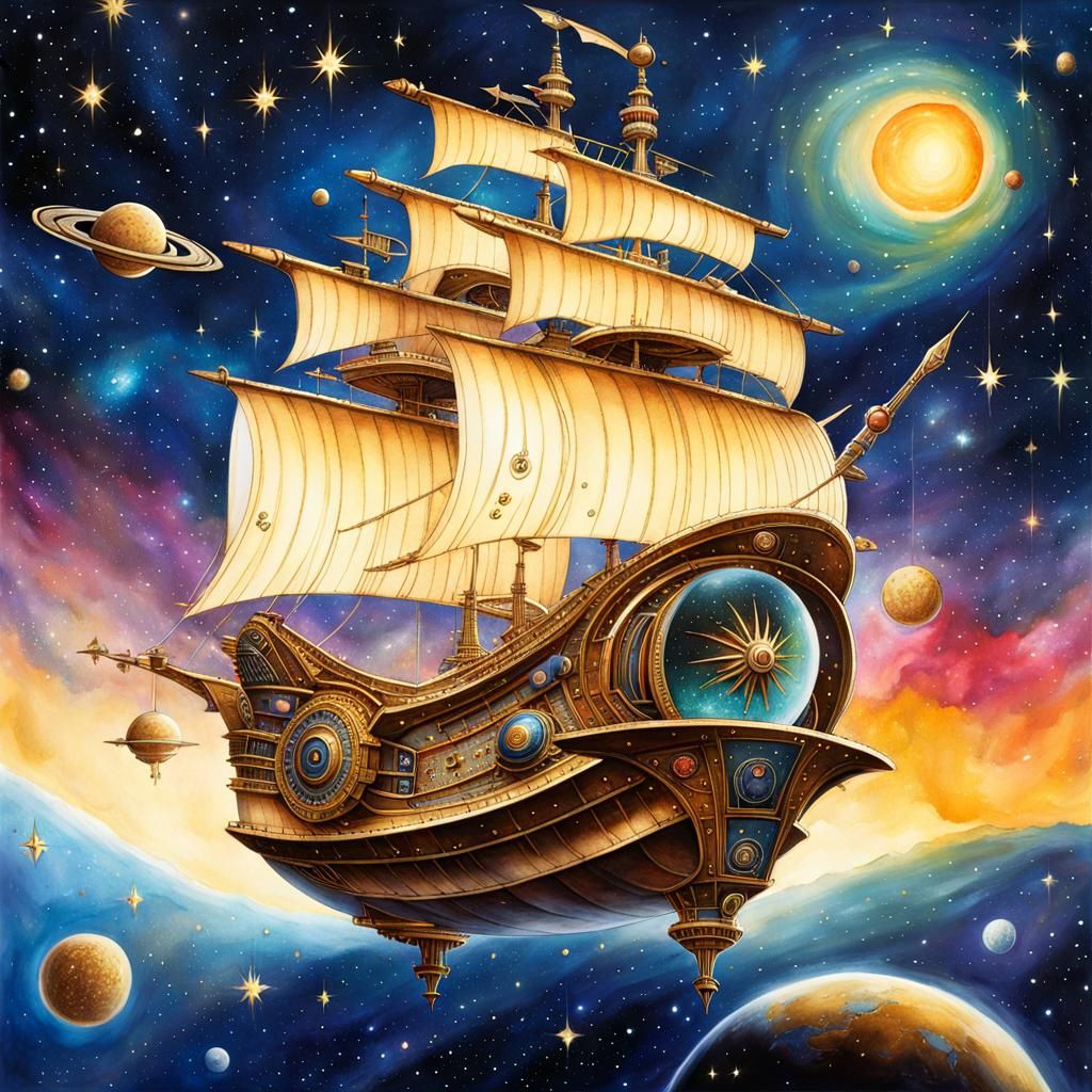 Futuristic Spanish Galleon in Space, Children's Book Illustr...
