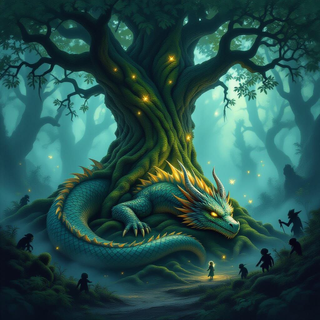 Enormous Dragon Sleeps in Misty Forest with Fairies and Yoka...