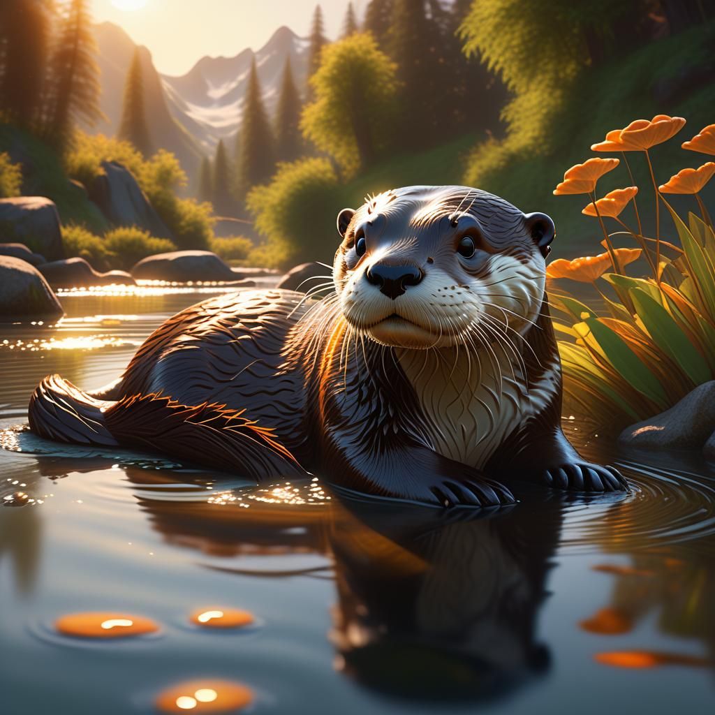 Otter's Sunny River Embrace: Digital Matte Painting