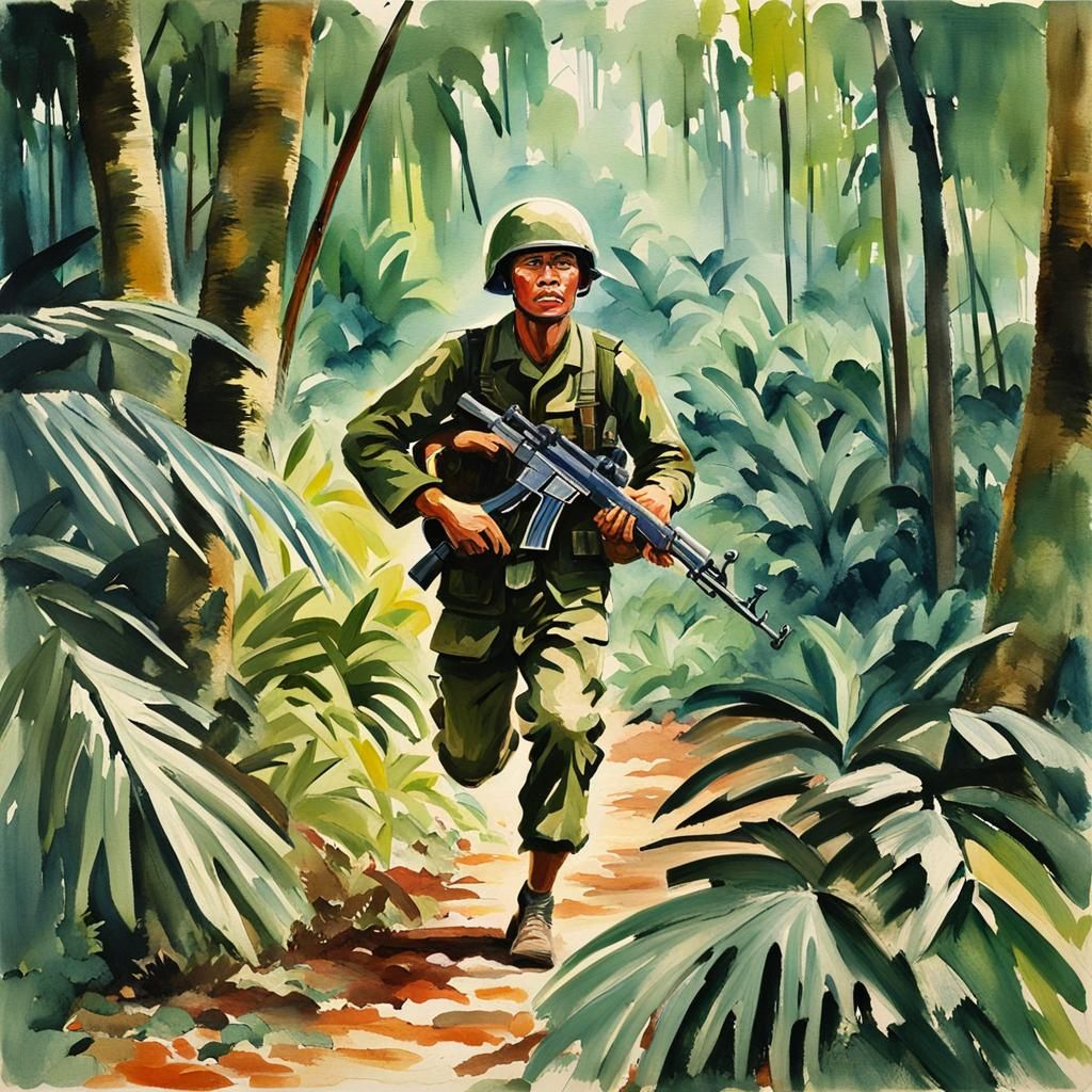 Vietnam War Soldier in Gouache Style