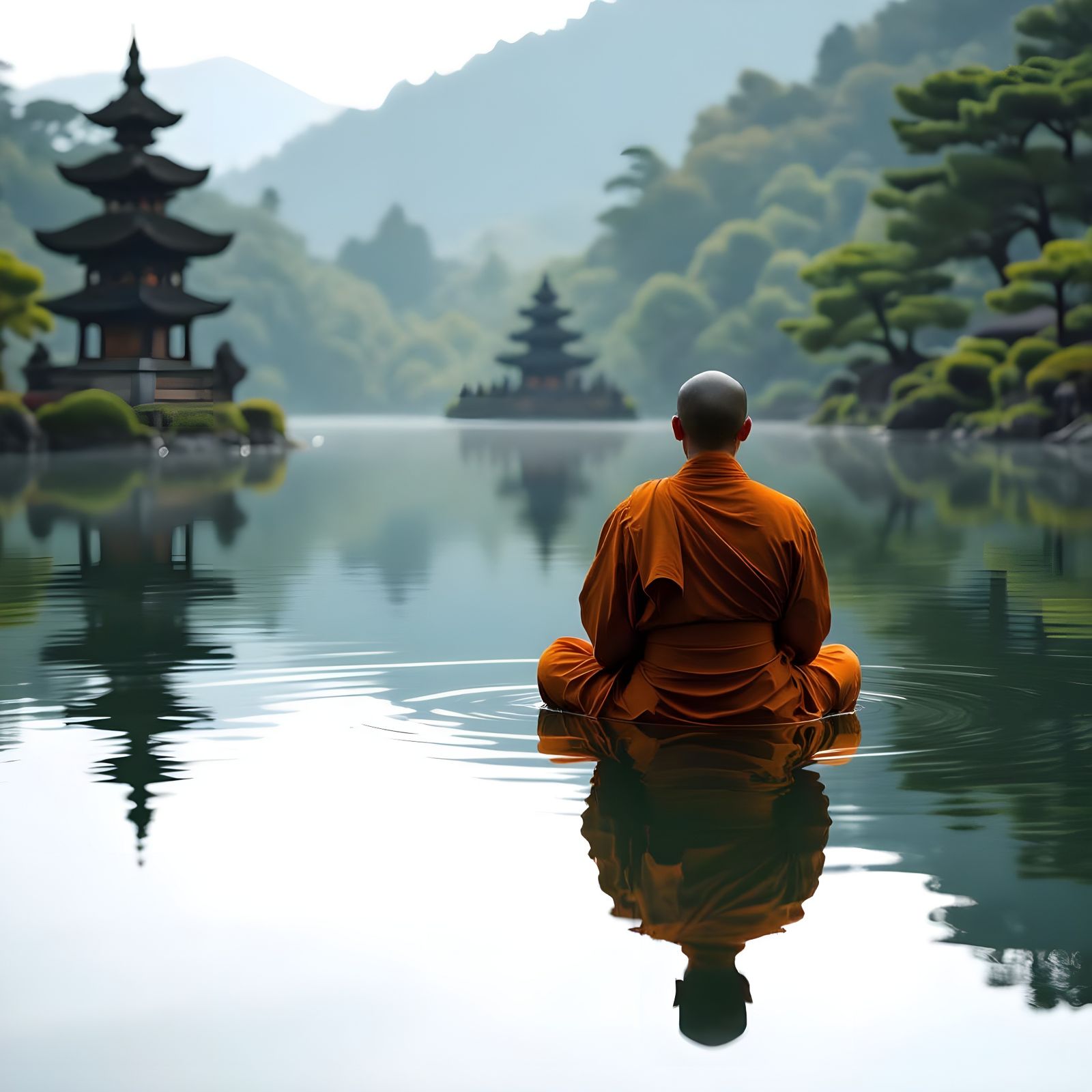 Buddhist Monk Gazes into Reflecting Pond