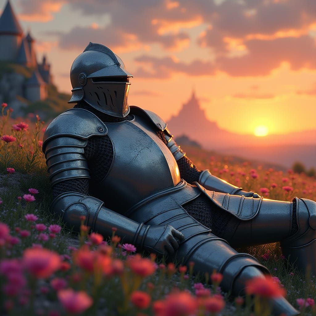 Knight in Armor Surrounded by Flowers at Sunset