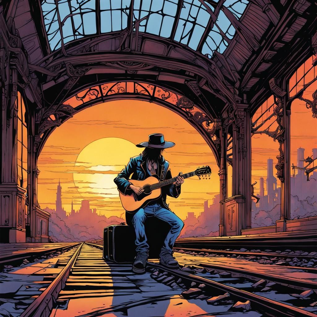 Sunset Guitarist in Abandoned Station: Hand-Drawn Ink Art
