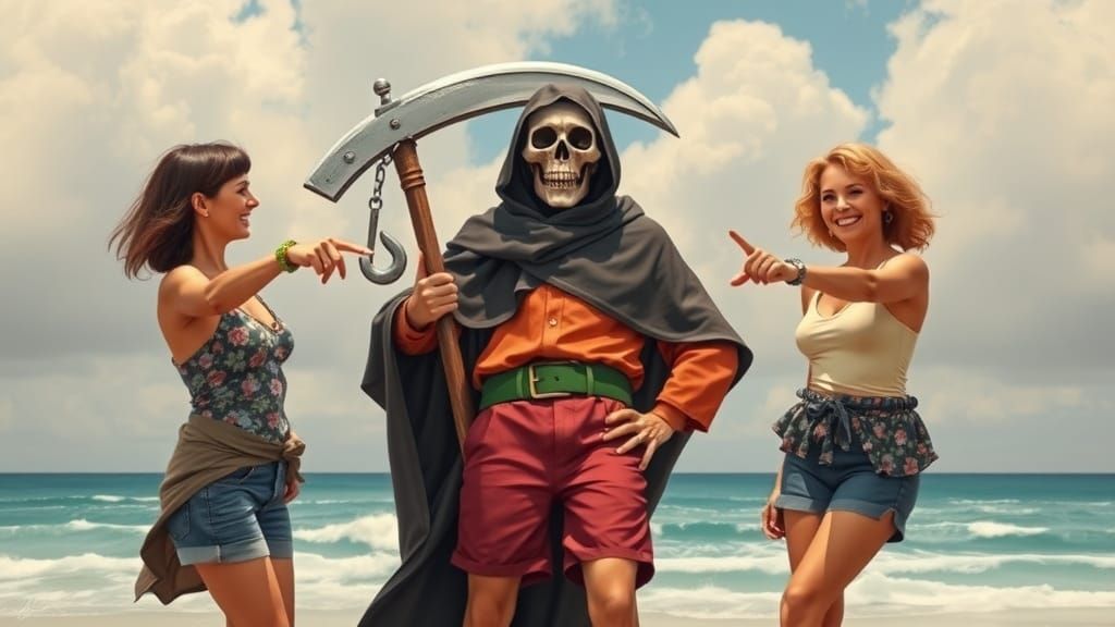 Humorous Grim Reaper Scene in Rockwell Style