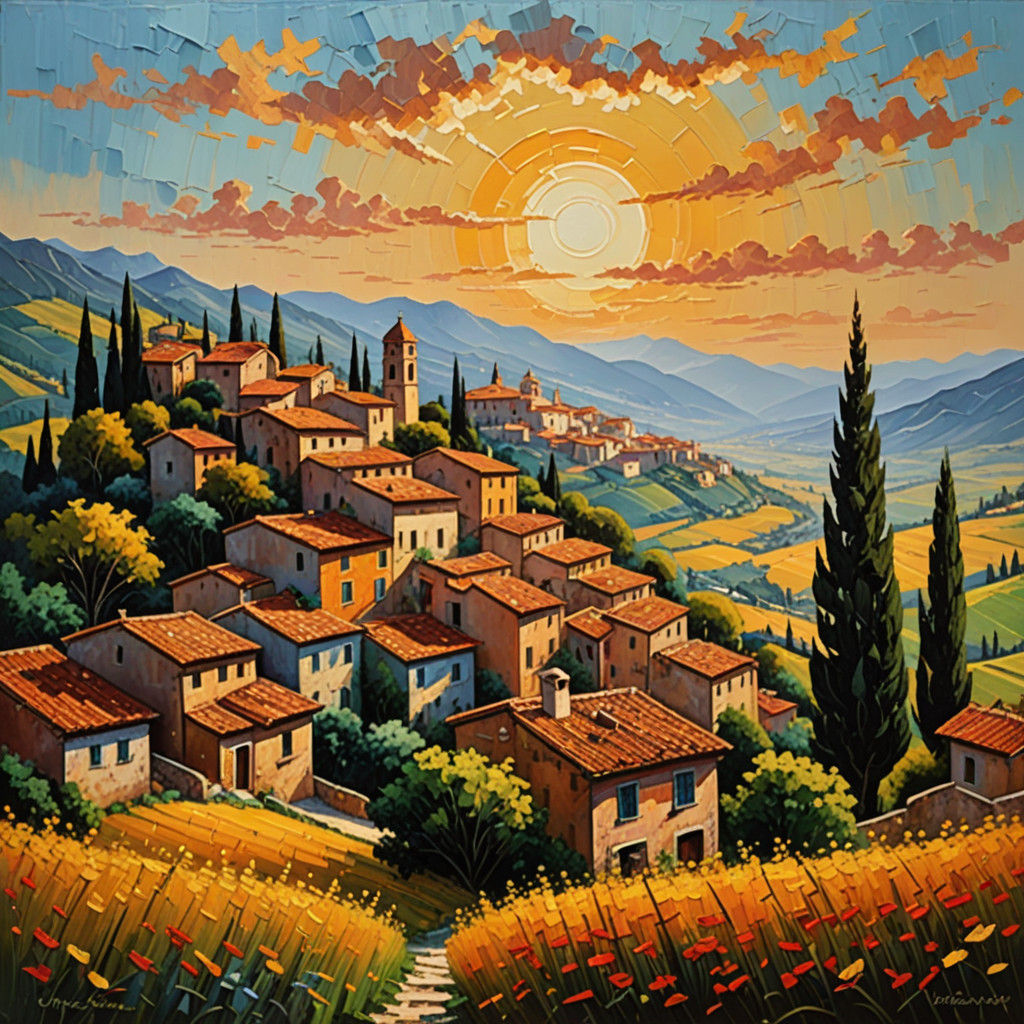 Warm Italian Village Scene in Vibrant Impasto Style