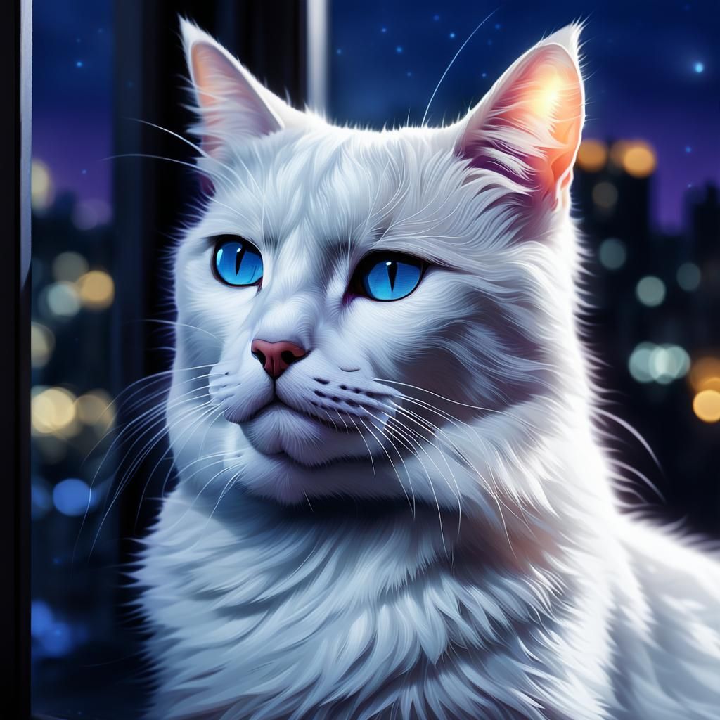 Hyper-Realistic White Cat Portrait at Night