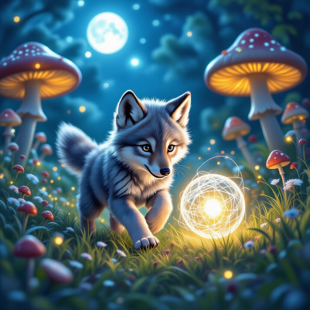 Silvery Wolf Cub Chases Glowing Orb in Moonlit Meadow