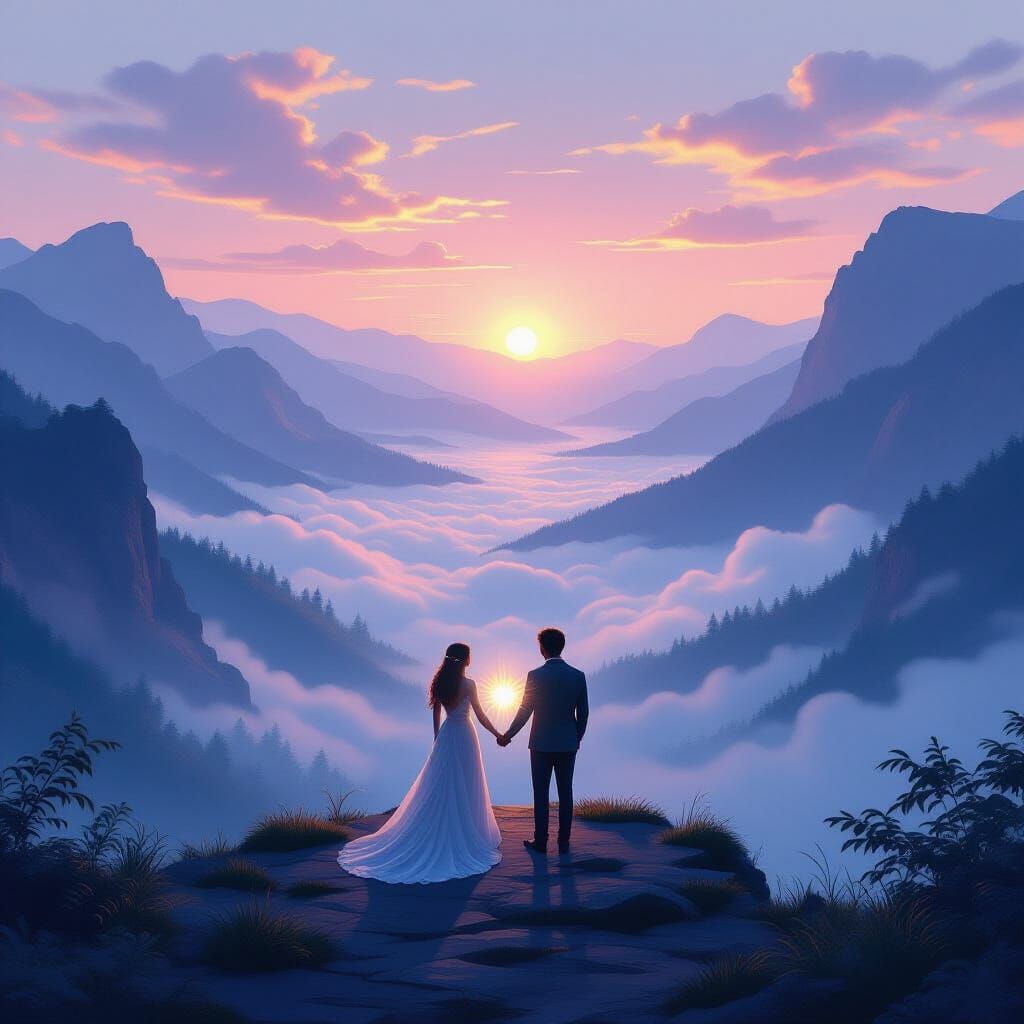 Couple on Cliff Overlooking Misty Valley at Dawn
