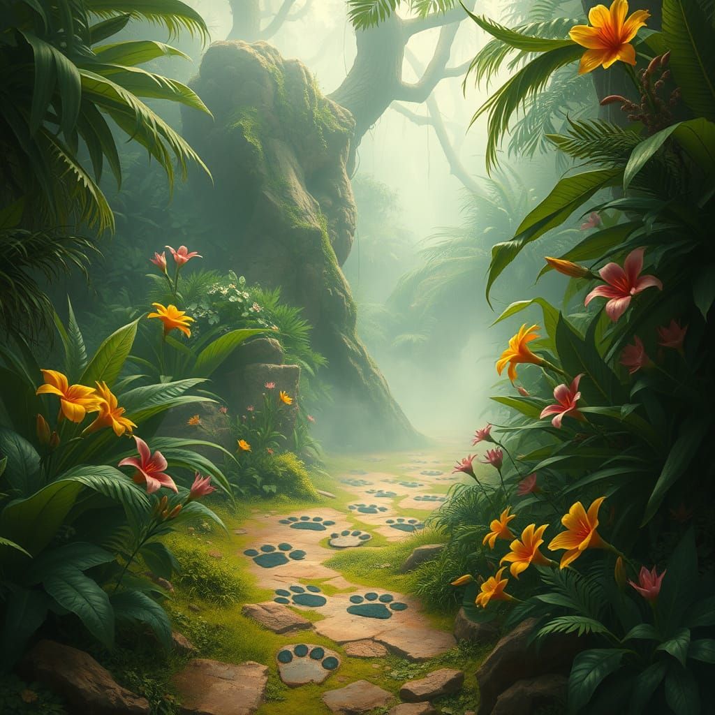 Pawprints in Misty Jungle Pathway with Lush Foliage