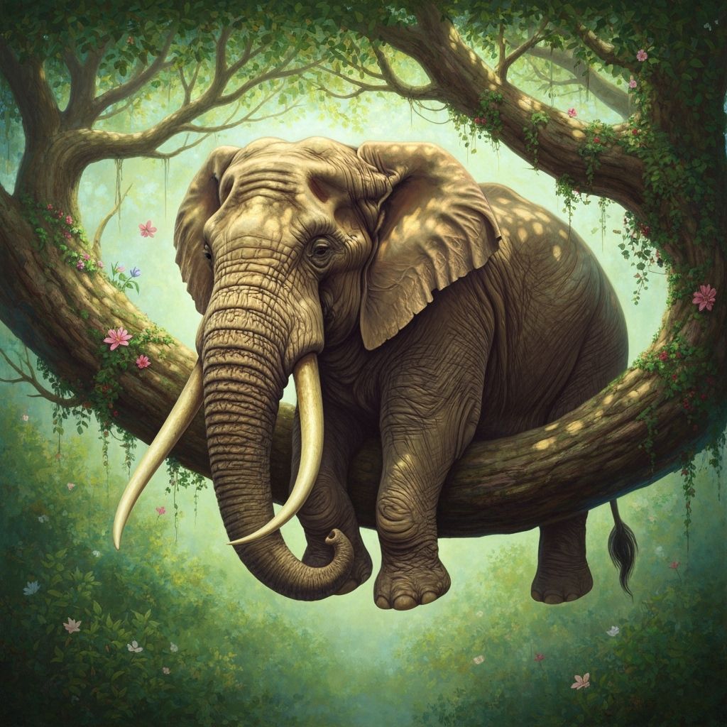 Surreal Elephant Hanging on Tree Branch in Oil Painting Styl...