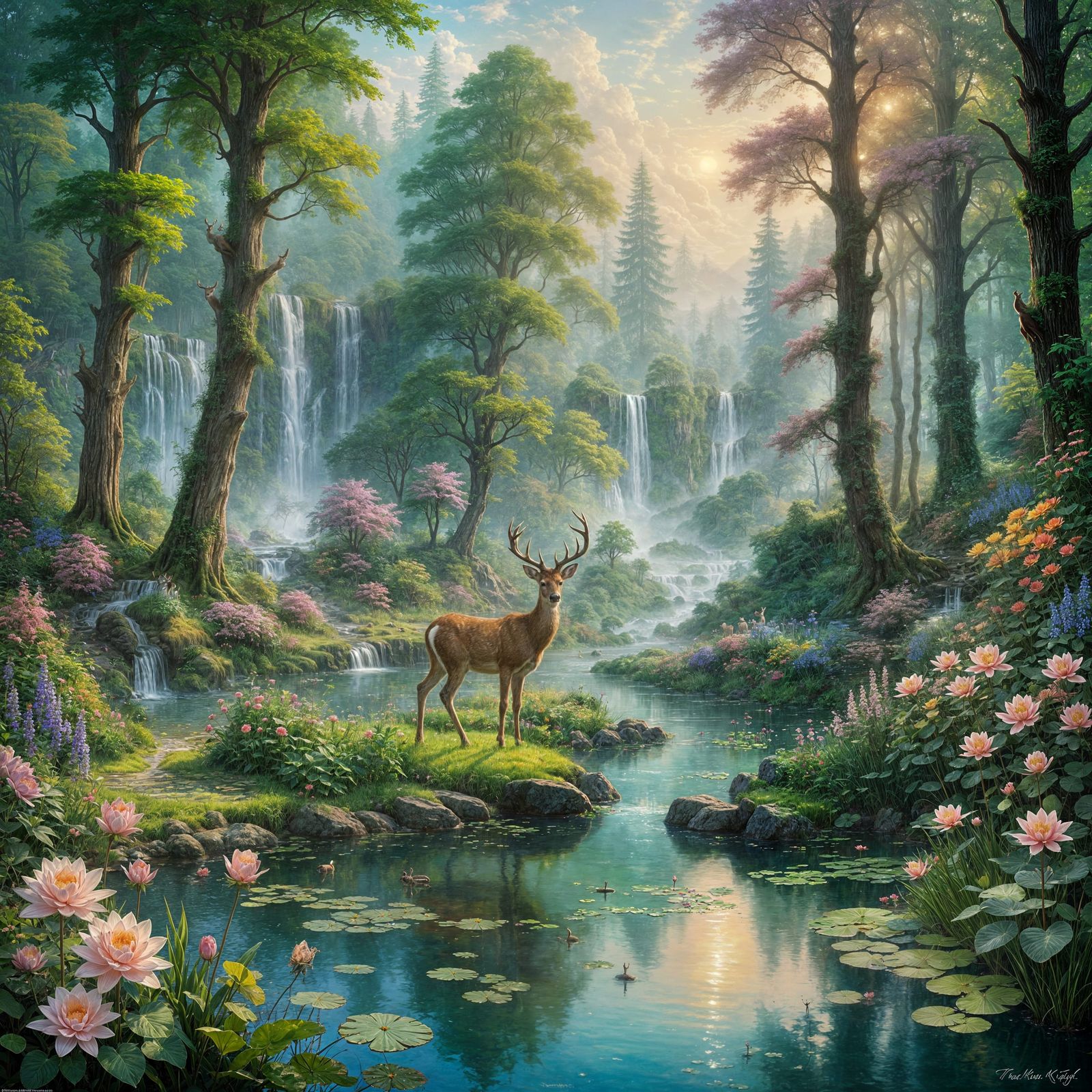 Ethereal Morning Forest with Waterfalls and Blooming Roses