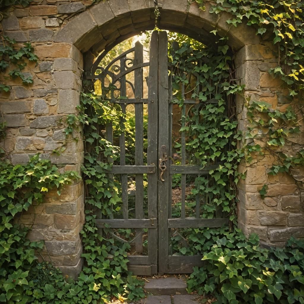 Ivy Gate in Stone Wall: Cinematic Film Still