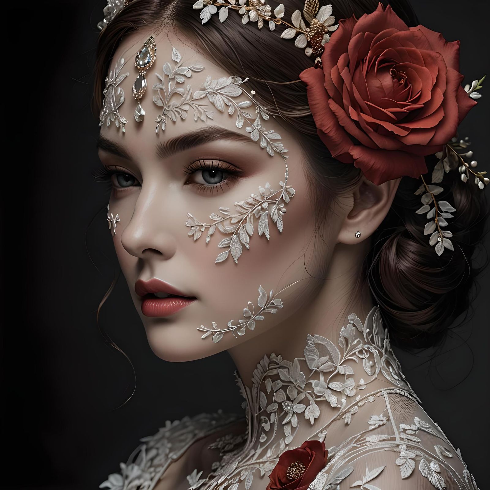 Model in Ornate Lace Gown with Romantic Flair