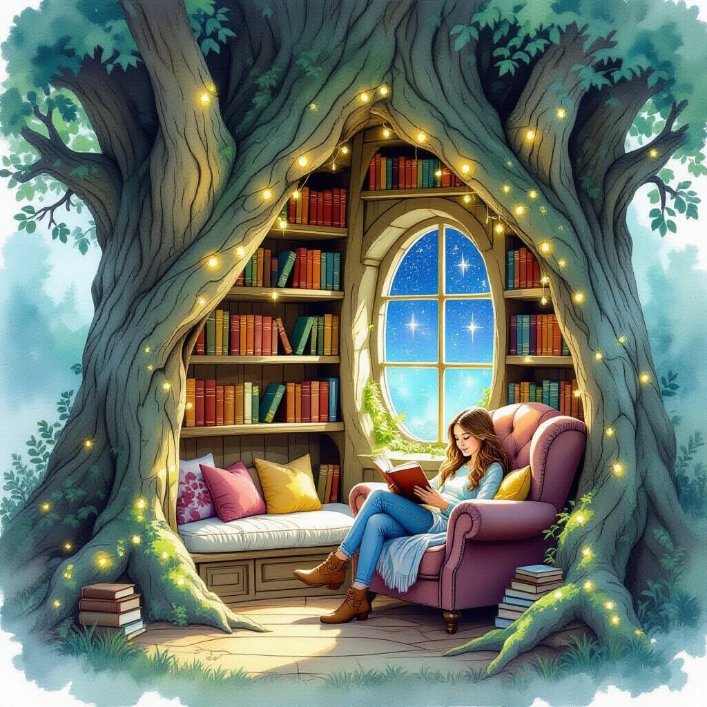 Enchanted Reading Nook in Ancient Tree, Watercolor Style